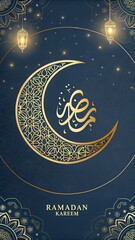 Elegant Ramadan Kareem Background with Gold Crescent Moon and Lanterns