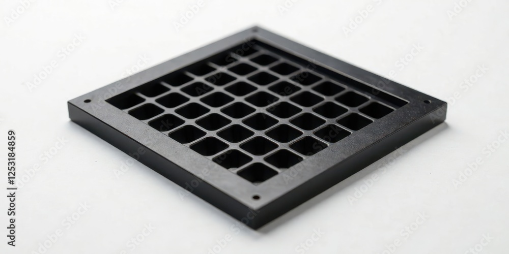 Poster Precision-machined square black component with a grid pattern, ideal for industrial applications and showcasing intricate detail