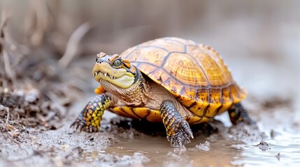 Obraz premium Turtle walking through muddy shallow water