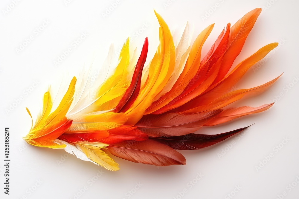 Poster vibrant colorful feathers arranged in a linear pattern on a white background showcasing natural beau