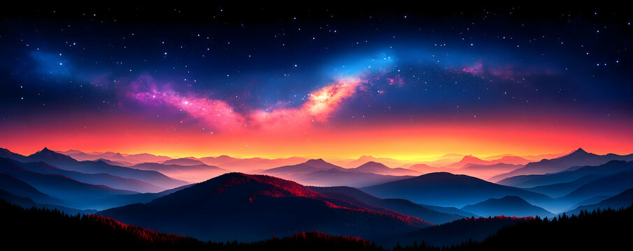 Colorful nebula over misty mountains at sunset