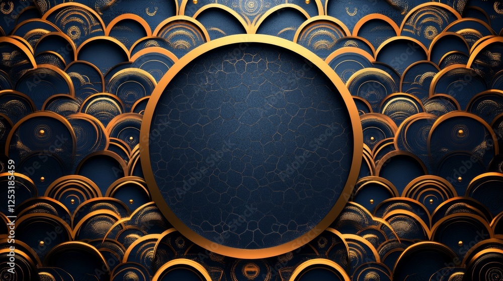 Poster abstract golden circles and arches on deep blue backdrop with central round frame