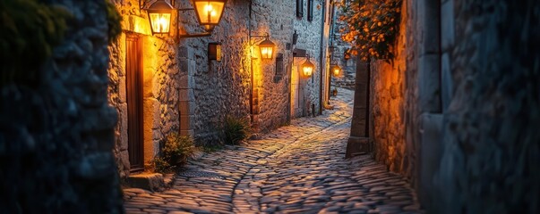 Lantern-lit cobblestone street winding through an old European village