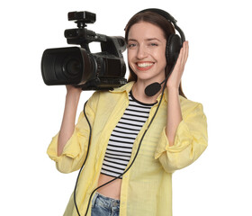 Happy woman with professional video camera and headset on white background