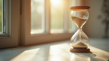 Hour Glass with Time Passing by Old Window, Aging and Getting Old, Time Almost Out