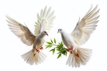 Fototapeta premium Two White Doves in Flight with Olive Branch - Panoramic Peaceful Stock Photo