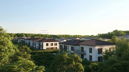 A block of new houses in Japan, with a clear blue sky, a residential street, and green trees and shrubs