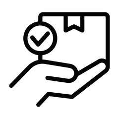 Hand holding a package with a checkmark, order icon. Editable stroke.