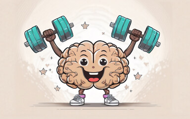 Mental health: Cartoon brain lifting dump bells, happiness, ai generated