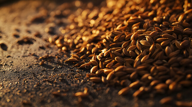 A close-up view of cumin seeds scattered across a neutral surface, with focus on their texture and rich brown tones.