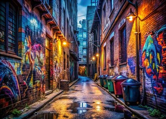 Fototapeta premium Urban Alleyway Graffiti Art: Vibrant Street Art on Brick Walls