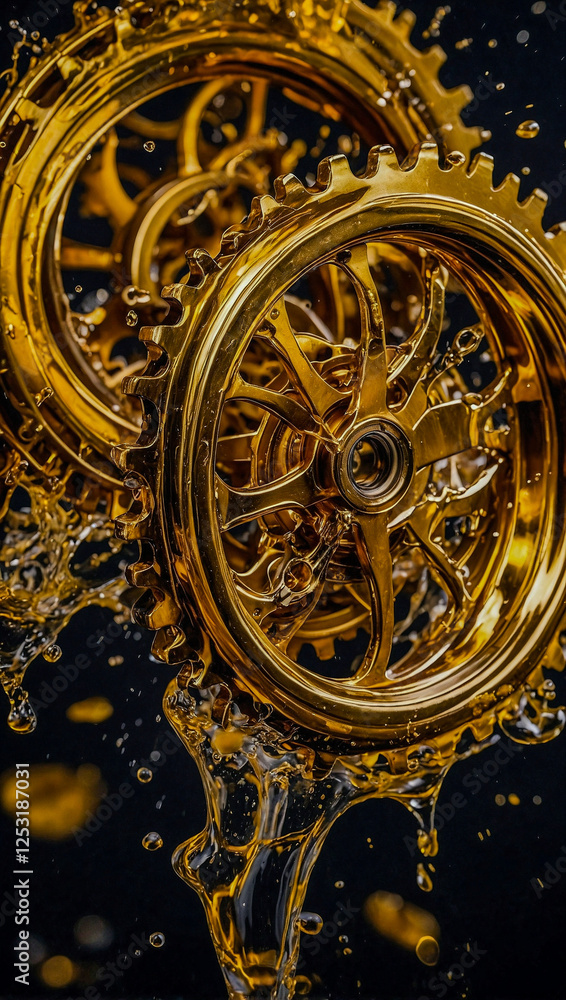 Poster Golden gears splashing in liquid, creating dynamic visual impact in abstract art.