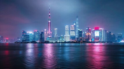 Obraz premium dazzling city skyline at night reflects neon lights on calm water, showcasing the modern architecture of a bustling metropolis. The glowing urban landscape exudes energy and innovation