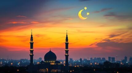 Obraz premium Majestic Mosque Silhouette At Sunset With Crescent Moon And Stars