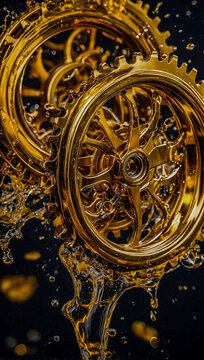Golden gears splashing in liquid, creating dynamic visual impact in abstract art.