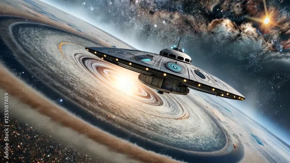 Aufkleber discovering a cosmic whirlpool with a mysterious spacecraft in the vastness of space during an inter