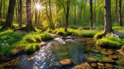Spring forest with blossoming trees, sunbeams breaking through the foliage, a stream with clear water, bright flowers in a clearing.