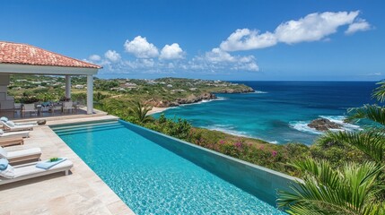 Fototapeta premium Luxurious Villa Infinity Pool Overlooking Ocean Vista