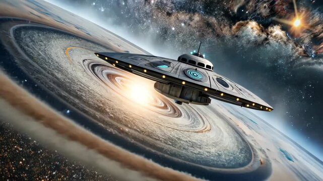 Discovering a cosmic whirlpool with a mysterious spacecraft in the vastness of space during an intergalactic journey. Generative AI