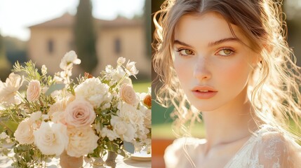 Naklejka premium Elegant outdoor event at a Tuscan villa with stunning floral arrangements and beauty. Generative AI