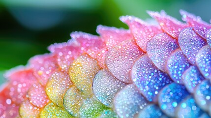 Rainbow dew drops on plant scales, close-up macro
