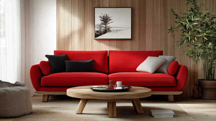Modern living room with red sofa and wooden accents. 3D Rendering