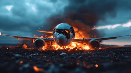 dramatic scene of airplane accident with flames and smoke, showcasing wreckage and destruction. image evokes sense of urgency and chaos in dark, cloudy environment