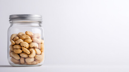 Cashew nuts in clear glass jar, showcasing their natural texture and color. This captures essence of healthy snacking and storage solutions