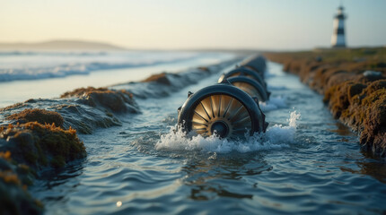 Fototapeta premium A robotic device navigates through tidal waters along a coast, with gentle waves splashing around it and a lighthouse standing tall in the background at sunset
