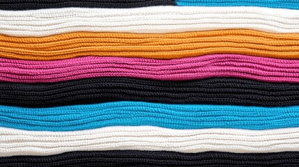 Colorful Knitted Fabric Texture. Close-up view of multicolored horizontal stripes. Possible use for textile design inspiration or pattern background