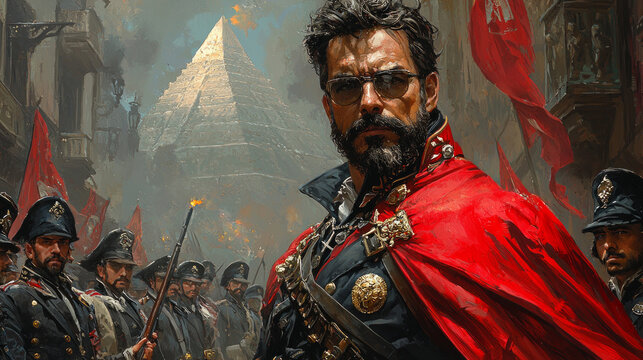 Hernan Cortes stands fearlessly forefront clad in crimson cape. His disciplined troops follow him into Tenochtitlan Aztec pyramids looming in background.