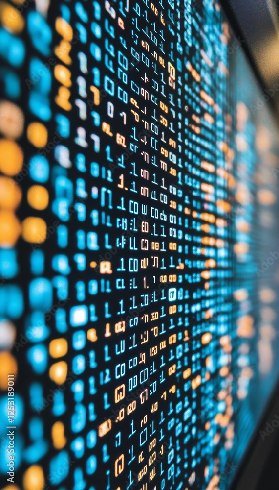 Poster abstract programming code on computer screen with blue and yellow data, digital big data background