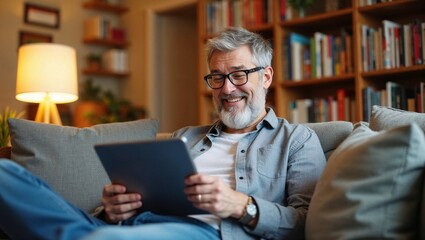 Obraz premium smiling elderly man with glasses and a gray beard relaxes on a couch, enjoying digital content on a tablet in a cozy living room with bookshelves and warm lighting