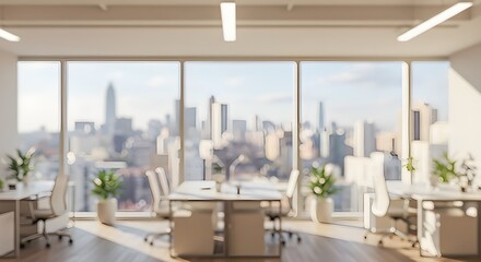 Hermoso fondo borroso de un interior de oficina moderno y luminoso con ventanas panorámicas y una hermosa iluminación.
