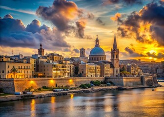 Fototapeta premium Valletta Sunset Skyline: Panoramic Maltese Island Cityscape View