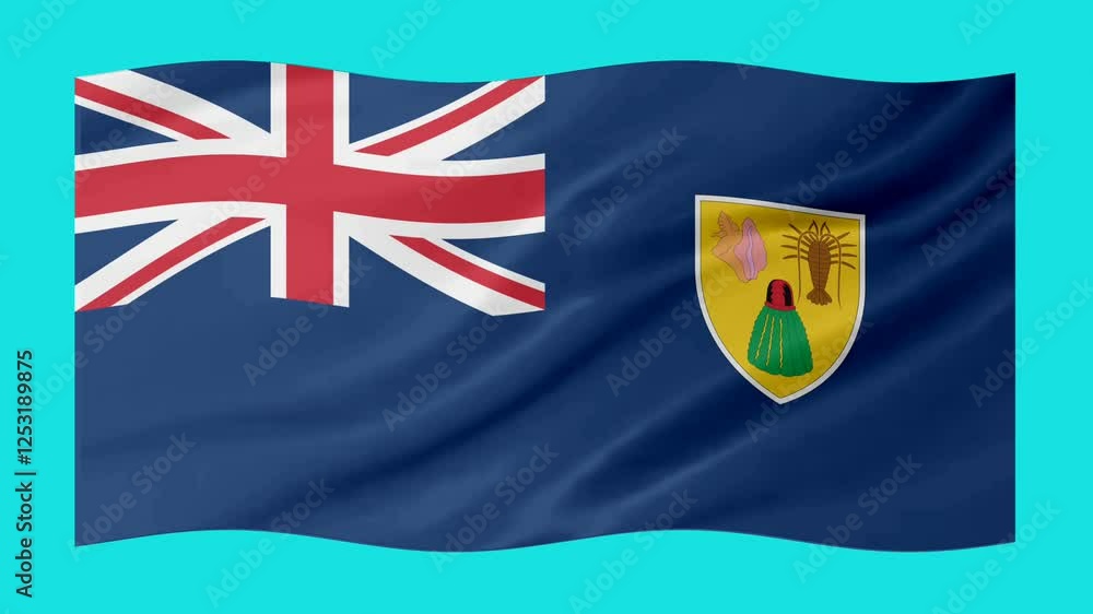 Poster turks and caicos islands waving flag loop animation with glowing 3d shade isolated on sky blue backg