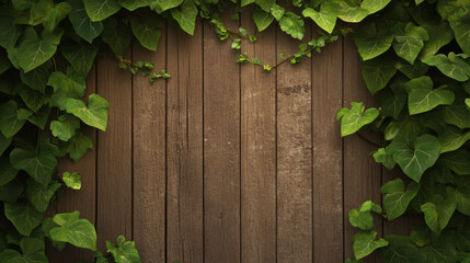 rustic wooden background framed by lush green ivy leaves creates serene and natural atmosphere. This evokes sense of tranquility and connection to nature
