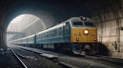 Obraz premium vintage locomotive train with a yellow and blue exterior travels through a misty tunnel, evoking nostalgia, adventure, and the romance of old-world railway travel
