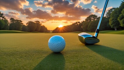 Close-Up of Golf Ball on Tee at Sunset
