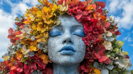 A sculpture of a woman's face amidst vibrant flowers and a blue sky