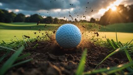 The golf ball is frozen in mid-air, surrounded by a dynamic burst of dirt and particles, emphasizing the force of the swing