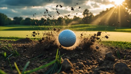 The golf ball is frozen in mid-air, surrounded by a dynamic burst of dirt and particles, emphasizing the force of the swing