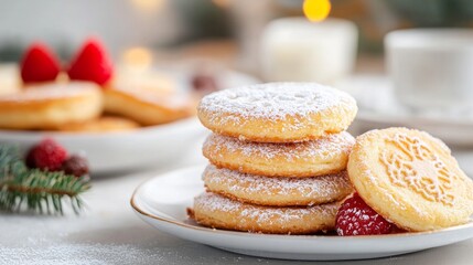 Plates of welsh cakes on white plate, candle and cup behind, space for text. Concept St David's Day, traditional food, spring update
