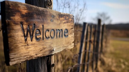 Rustic wooden welcome sign in a rural setting.