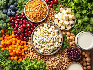 An arrangement of fresh food items. These include celery, tomatoes, salad, asparagus, rice, and blackberries. This image is intended for submission to a stock image service.