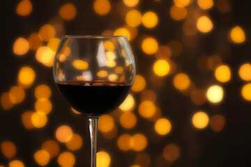 Tasty red wine in glass against dark background with blurred lights, closeup. Bokeh effect