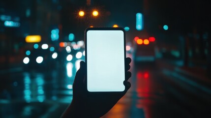 Closeup of hand holding smartphone with white mockup on screen,black mobile phone in hands with blank desktop screen while car driving,Mockup image,Copyspace for text.