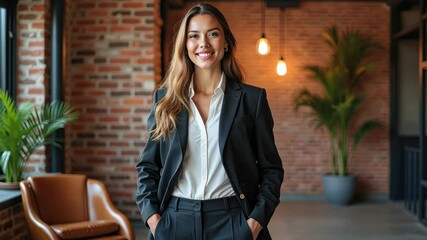 A businesswoman stands in a modern office with exposed brick walls and trendy decor, showcasing her confidence and professionalism.
