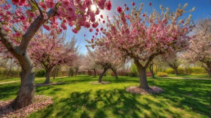 Fototapeta premium Spring garden with blossoming apple trees, pink petals swirling in the air, sunny day.