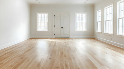 Obraz premium Bright empty room, hardwood floor, white walls, natural light, new home interior design